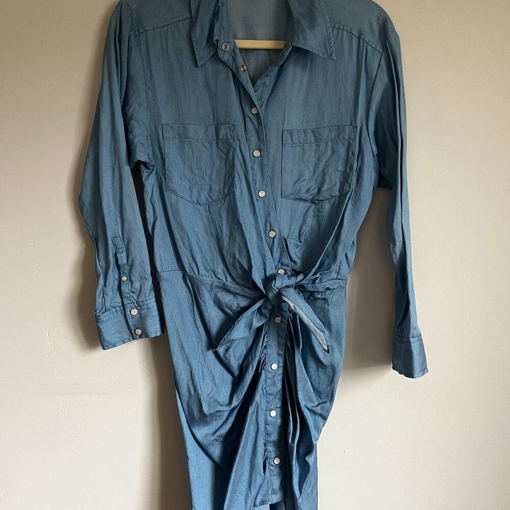 Veronica Beard Womens Ruched Chambray Shirt Dress Long Sleeve Pocket Blue Size 4
